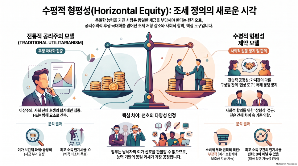 전통적 공리주의 조세 모델과 수평적 형평성 제약 모델을 저울, 동전, 사회적 합의의 장면으로 비교한 인포그래픽