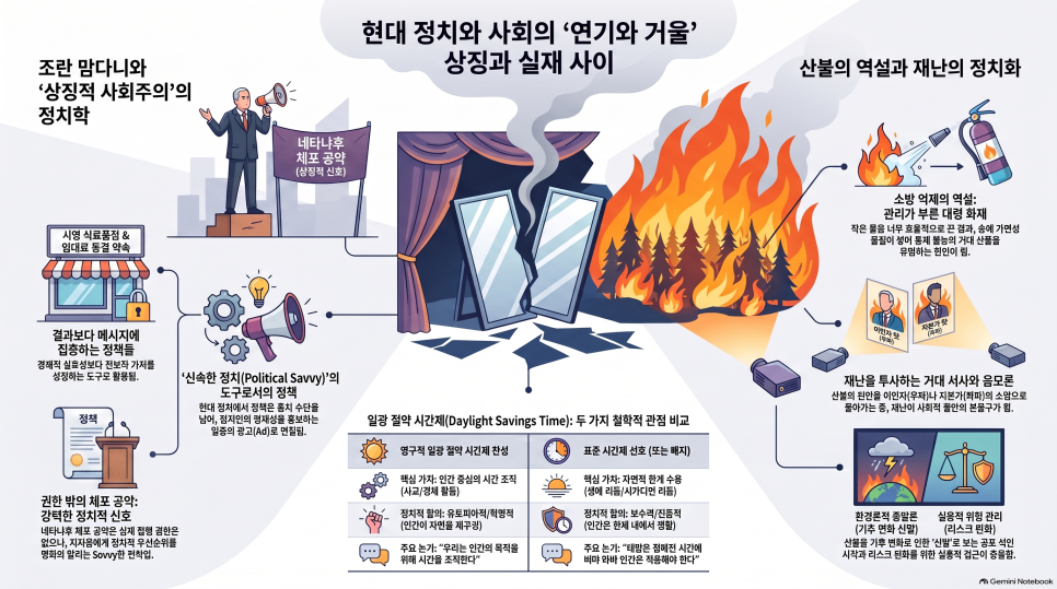 정치적 상징과 실제 결과 사이의 간극을 깨진 거울, 산불, 정책 사례로 비교한 인포그래픽