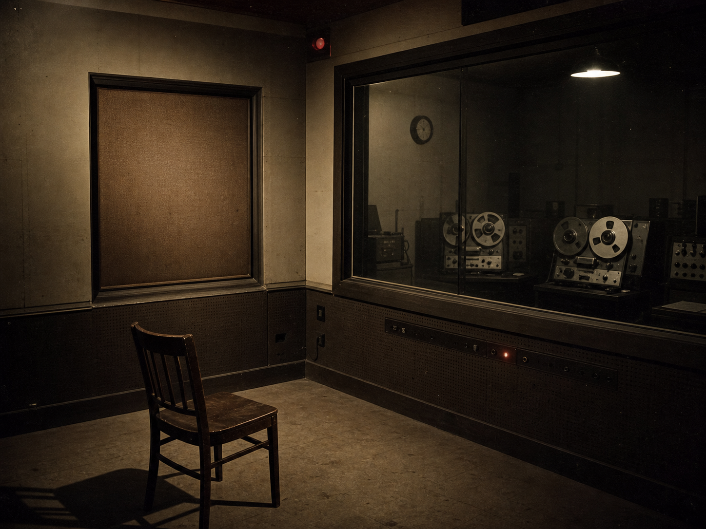 AI reconstruction of an empty 1950s listening room, with a wooden chair, speaker and reel equipment behind glass