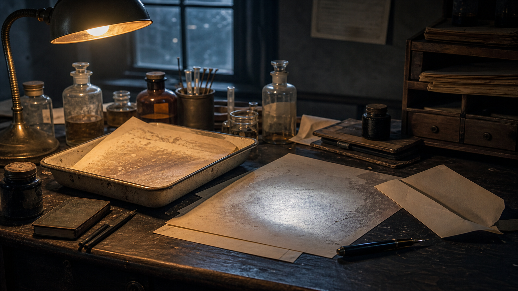 AI reconstruction of a dark 1910s document table with a sealed letter, faint writing and glass bottles