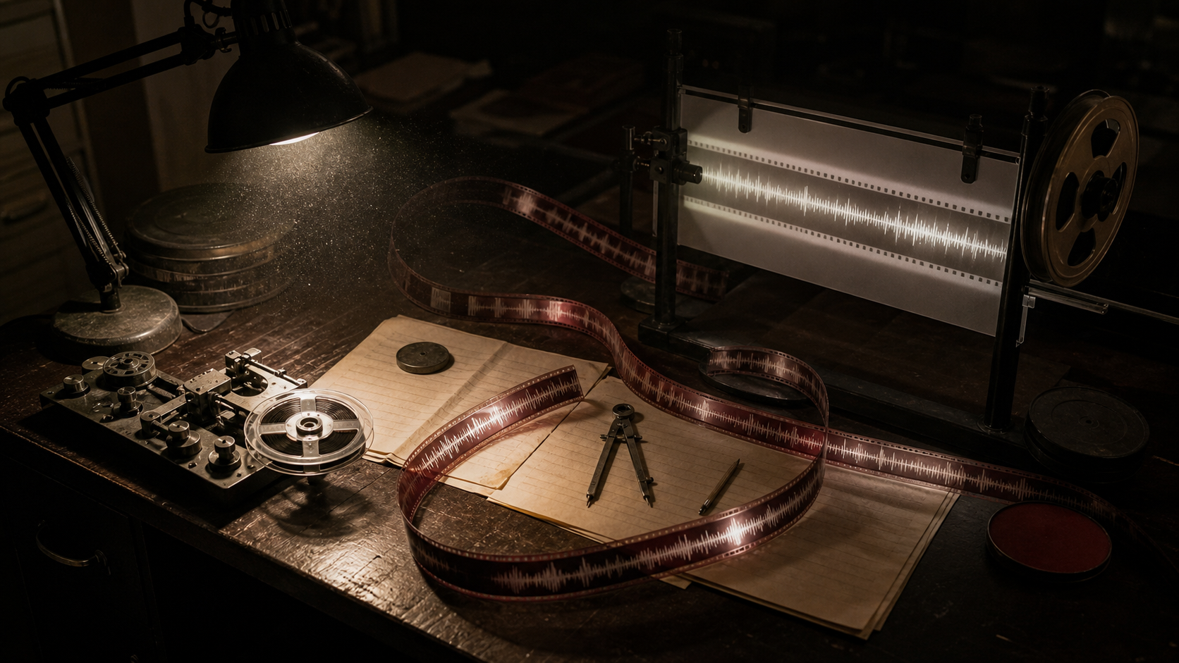 AI reconstruction of a dark 1950s sound laboratory, with optical film and waveform equipment on a worktable