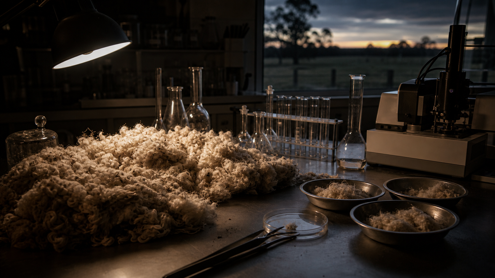 AI-generated editorial illustration of raw fleece, small wool samples and glassware on a bench in a dark agricultural laboratory